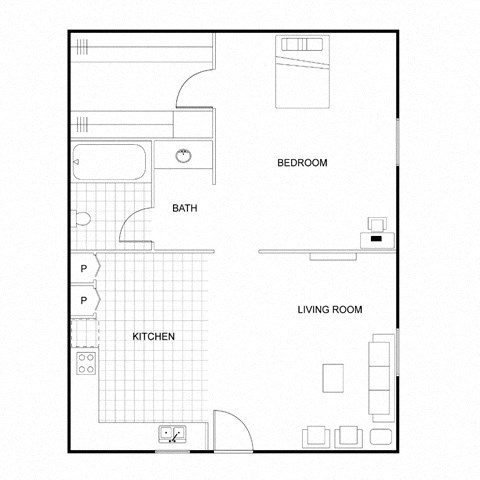 A floor plan of a small apartment with a bedroom, living room, kitchen, and bathroom.
